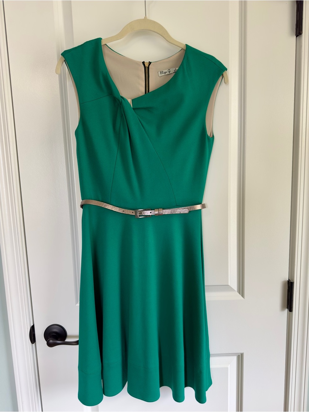 Emerald Fit & Flare Dress with Metallic Belt